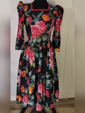 Black Floral Long-Sleeve Midi Dress with Pink & Orange Blooms